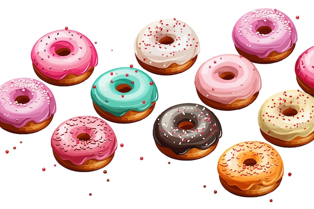 Verschillende geglazuurde donuts met sprinkles die op een witte achtergrond vliegen