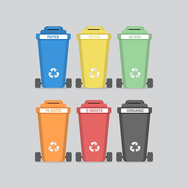 Verschillende gekleurde vuilnisbakken. Afval sorteren voor recycling.