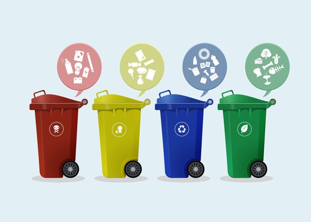Verschillende gekleurde wheelie bakken set met afval pictogram