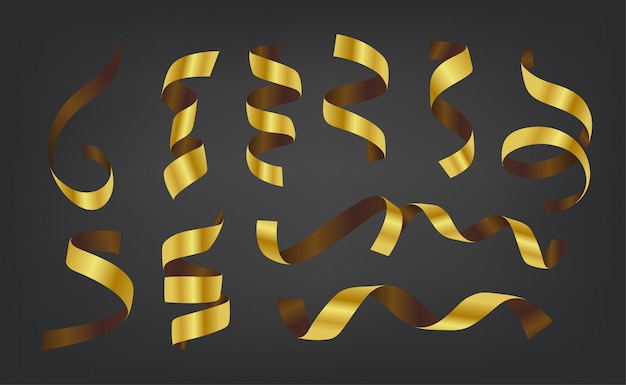 Verschillende gekrulde gouden satijnen linten vector collectie geïsoleerd op zwarte achtergrond