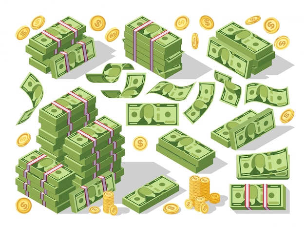 Verschillende geldbiljetten dollar contant papier bankbiljetten en gouden munten vector set