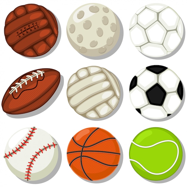 Verschillende geplaatste het beeldverhaalpictogrammen van sportballen. basketbal, voetbal, rugby, tennis, honkbal, golf, voetbal en volleybal illustratie geïsoleerd op een witte achtergrond.