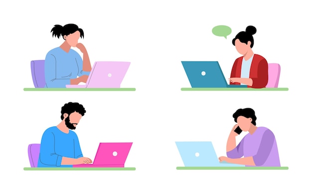 Verschillende groepen mensen die aan laptops werken