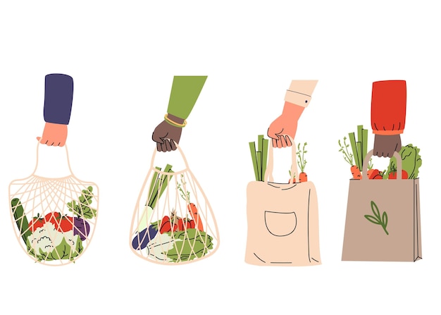 Verschillende handen met milieuvriendelijke winkelzakken gevuld met verse groenten in platte stijl