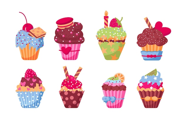 Verschillende heerlijke muffins instellen vectorillustratie collectie bestaat uit smakelijke cupcakes met fruit snoepjes feestelijke kaarsen vlakke stijl ontwerp geboortedatum en vakantie concept geïsoleerd op wit