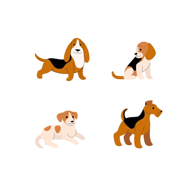 Verschillende hondenrassen - beagle, basset hound, jack russell terrier, welsh terrier. Tekenfilm