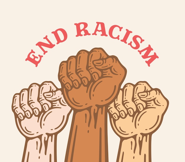 Verschillende huidskleur activist vuisten en einde racisme slogan abstracte anti racistische staking