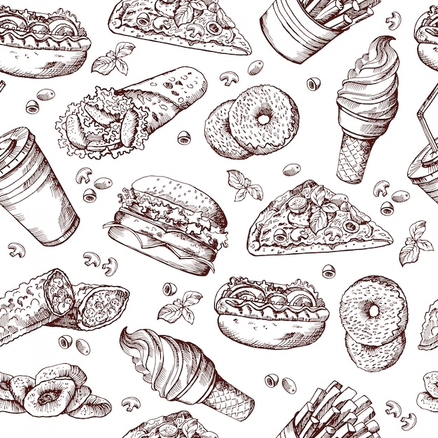 Verschillende ijsjes illustraties. vector naadloos patroon. chocolade en wafel-ijs patroon achtergrond