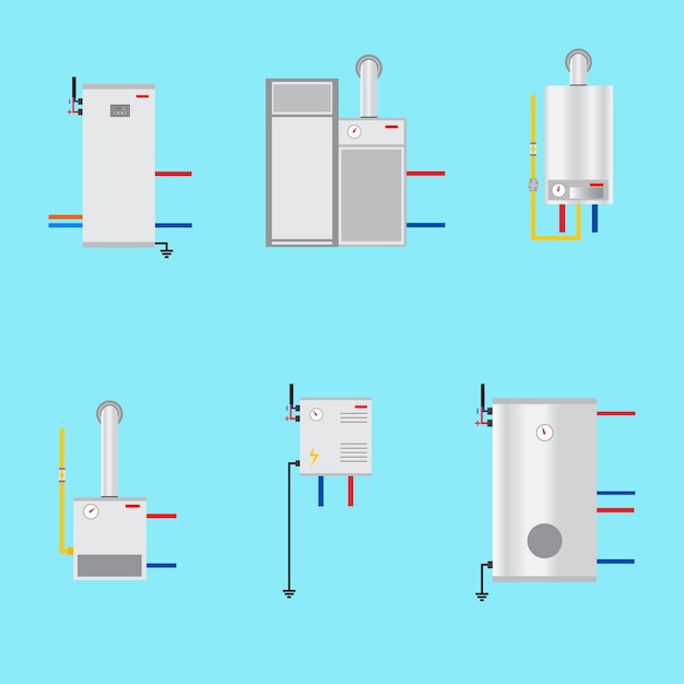 Verschillende ketels pictogrammen instellen Vlakke stijl Elektrische gas Pyrolyse-ketels en warmtepomp Vector