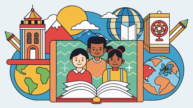 Verschillende kinderen lezen samen met educatieve iconen
