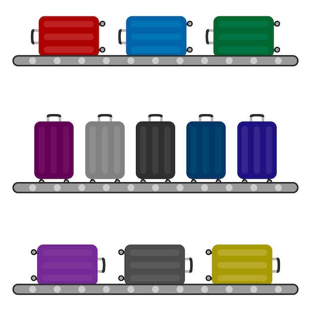 Vector verschillende kleurrijke bagage tas koffer set op transportband bagage claim op terminal luchthaven