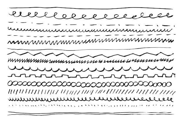 Verschillende lijnen doodles set Sketch pen tekening Vector ruwe texturen van penseel verschillende vormen Strokes gestreepte lijnen lijnen van verschillende dikte en textuur