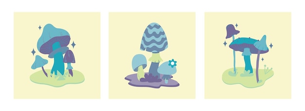 Verschillende magische hallucinogene paddestoelen Fantasie leuke elementen Retro cartoon paddestoelen op het gras Abstract modern design Hippie-stijl Platte vectorillustratie op een geïsoleerde achtergrond