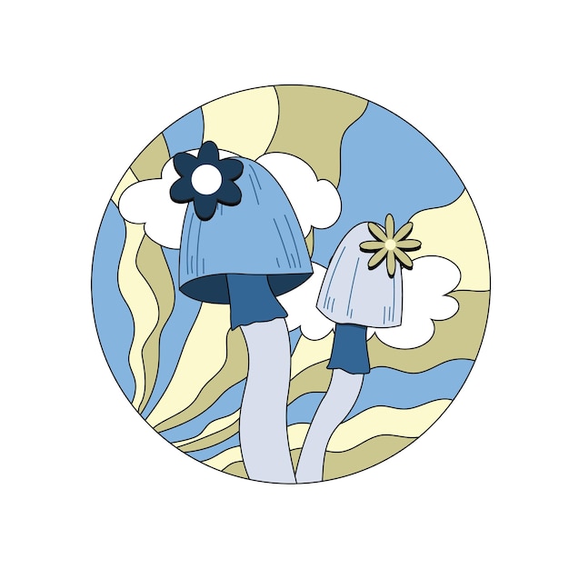 Vector verschillende magische hallucinogene paddestoelen fantasy schattig elementen retro cartoon paddestoelen op het gras modern design pin pictogram sticker hippie stijl platte vectorillustratie op een geïsoleerde achtergrond