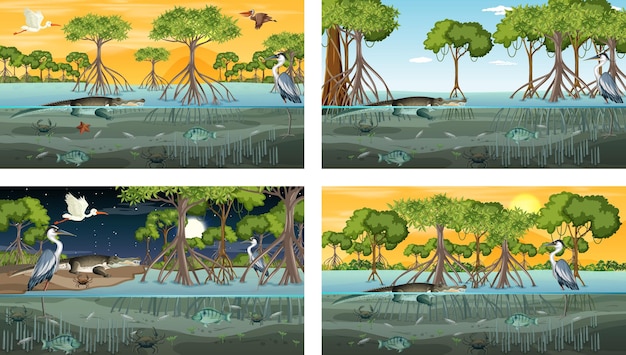 Verschillende mangroveboslandschapsscènes met verschillende dieren