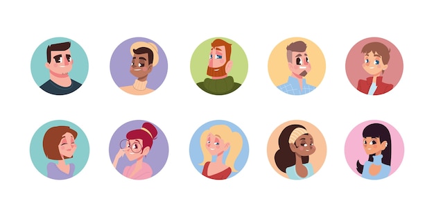 Verschillende mannen en vrouwen karakters avatar in cartoon ronde pictogram illustratie