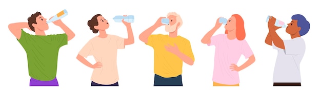 Verschillende mensen cartoon personages drinken water uit glazen plastic en glazen flessen set