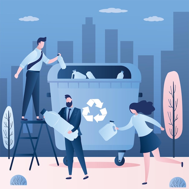 Verschillende mensen gooien plastic vuilnis in grote vuilnisbakken Recycling en ecologisch concept vector