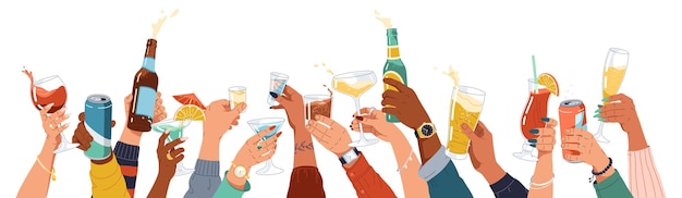 Verschillende mensen met handen die alcoholhoudende dranken vasthouden illustratie