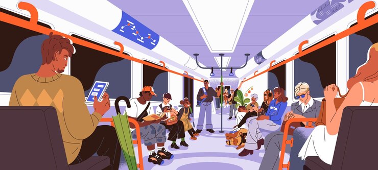 Vector verschillende mensen rijden in de metro menigte zit op stoelen in metrowagons passagiers met kinderen planten hond in de stad ondergrondse pendelaars zijn in het openbaar vervoer vlakke vector illustratie