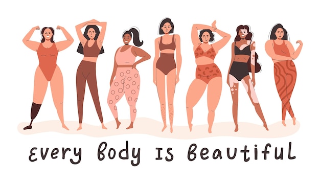 Verschillende mooie meisjes staan in verschillende poses elk lichaam is mooi vrouwen van verschillend gewicht, lengte en huidskleur platte vectorillustratie