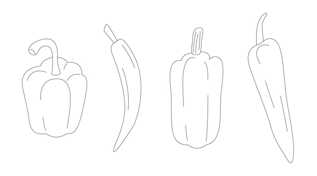 Vector verschillende pepers lijn set bell chili banaan peper collectie overzicht icon set geïsoleerd op wit