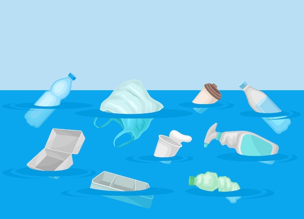 Vector verschillende plastic afval drijft in water vectorillustratie op witte achtergrond