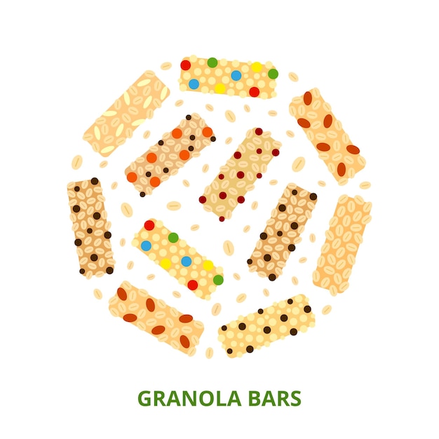 Vector verschillende platte granola-staven in cirkelvorm op witte achtergrond