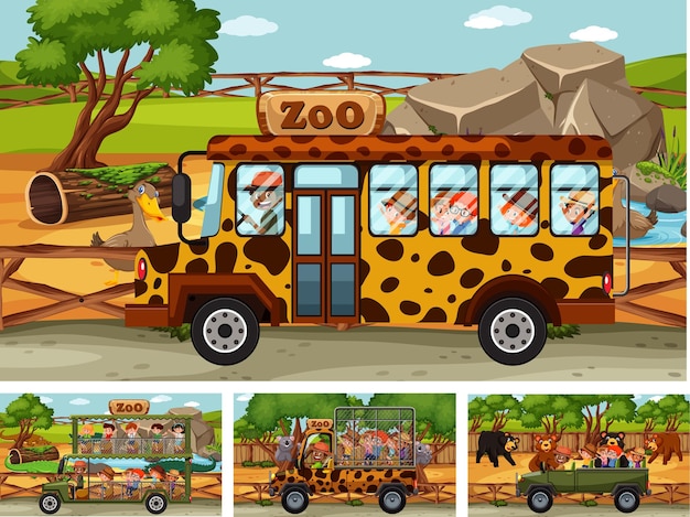 Verschillende safariscènes met dieren en stripfiguren voor kinderen
