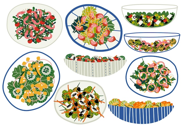 Vector verschillende salades met smakelijke gezonde gerechten met verse groenten paddestoelen garnalen olijven salade