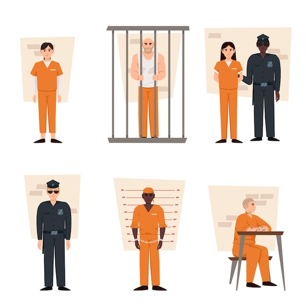 Vector verschillende scènes uit een gevangenis op een witte achtergrond vector illustratie in een platte stijl gevangene mannen