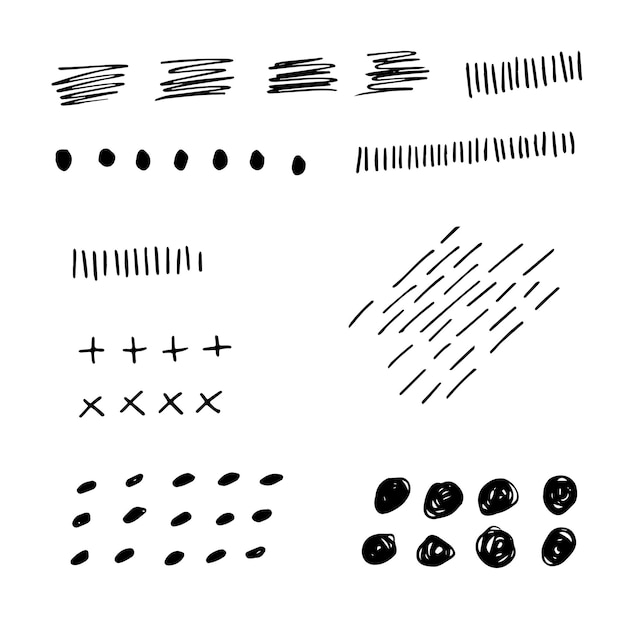 Verschillende schetsmatige doodle hapes en objecten Freehand zwarte lijnen en punten Grunge stijl Hand getrokken abstract vector set