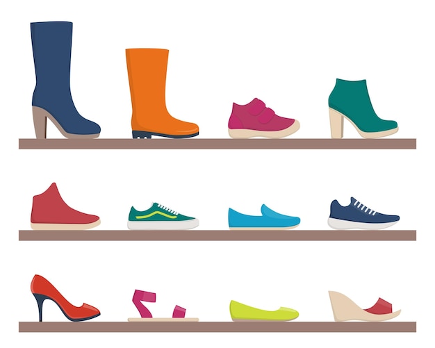 Verschillende schoenen set pictogrammen Kleurrijke schoenen en laarzen voor dames en heren Vector illustratie Collectie voor winkel en mode