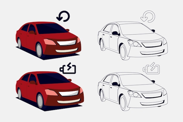 Verschillende soorten auto icon set. zijaanzicht van sedan auto. retourpictogram en beter oplaadpictogram.