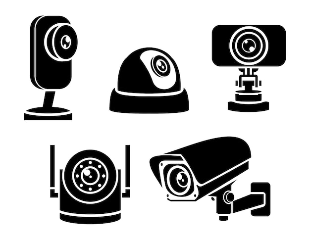 verschillende soorten beveiligingscamera's. beveiligingscamera pictogrammen videobewaking cctv teken set