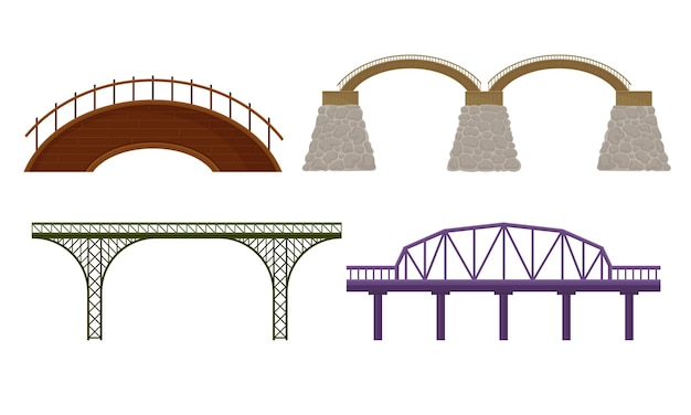 Verschillende soorten bruggen van beton en metaal geïsoleerd op witte achtergrond vector set