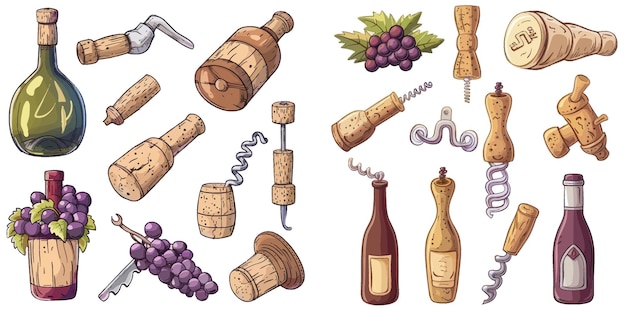 Vector verschillende soorten bungs voor flessen champagne kurk met kurkentrekker geïsoleerde vector illustratie set