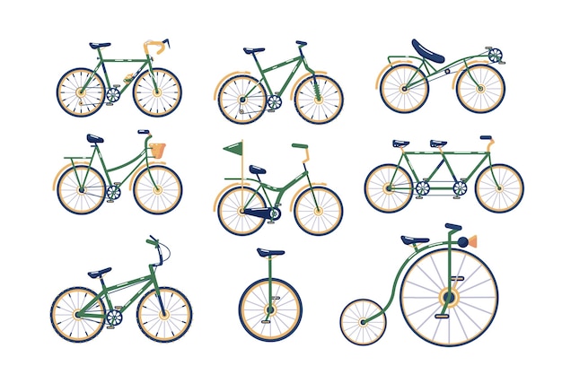 Verschillende soorten fietsen instellen vector illustratie Verzameling van verschillende fietsen moderne traditionele sport extreem vlakke stijl concept Vintage en moderne cycli geïsoleerd op wit
