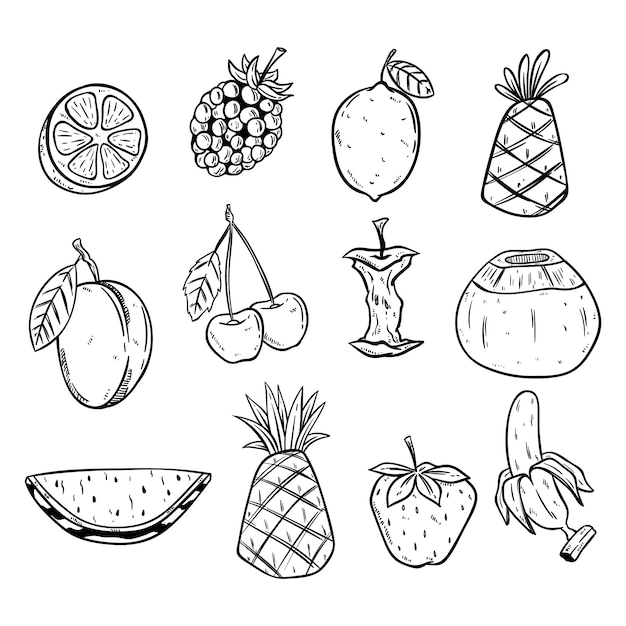 Vector verschillende soorten fruit in schets of doodle stijl