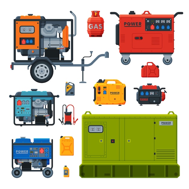 Verschillende soorten industriële elektriciteitsgeneratoren Set Propaangascilinderbrandstof Jerrycan Elektrische motorapparatuur Vectorillustratie