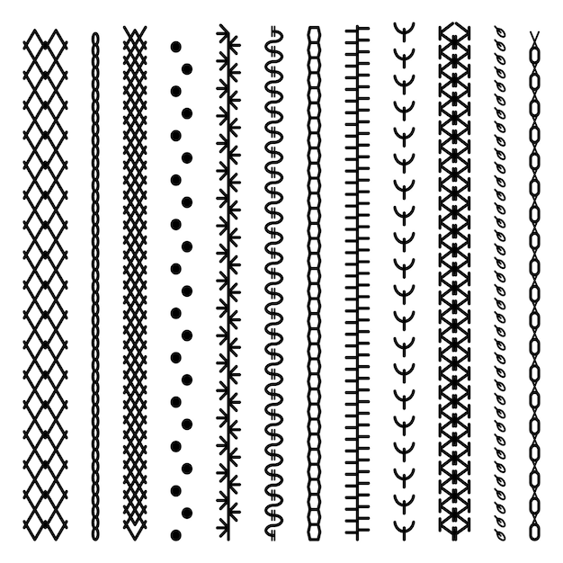 Vector verschillende soorten machine zwarte steek borstelpatroon set borduurdoek randtextuur