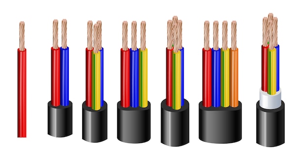 Vector verschillende soorten stroom, akoestische kabels met elektrische draadgeleiders bij elkaar gehouden met een algehele mantel realistische set illustratie. afgeschermd en met extra isolatie