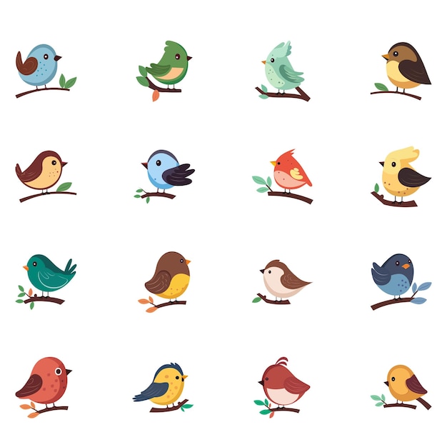 Verschillende soorten vogels zittend op tak pictogram in platte stijl