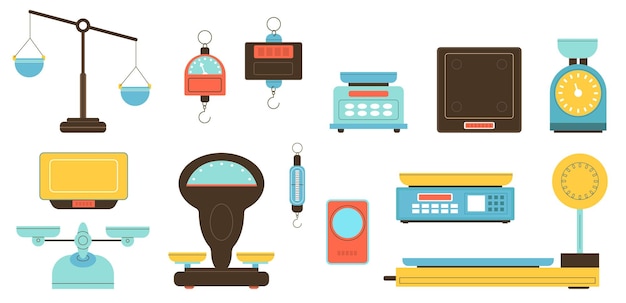 Verschillende soorten weegschalen Instrumenten voor gewichtsmeting Digitale en mechanische apparatuur Kilogrammeting Apotheek- of sieradenbalans Huishoudelijke en vrachtweegschalen vectorset