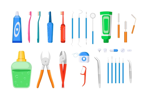 Verschillende tandarts tools vector illustraties set. Verzameling van apparatuur voor het reinigen van tanden, borstels, tandpasta geïsoleerd op een witte achtergrond. Mond- of mondhygiëne, geneeskunde, zorgconcept