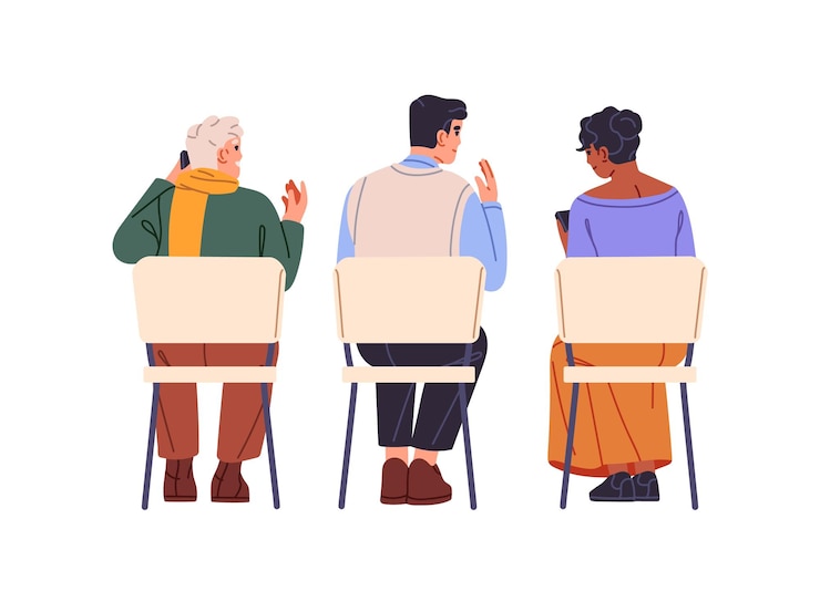 Vector verschillende toeschouwers op stoelen luisteren naar de conferentie achteruitzicht mensen zitten op stoelen praten per telefoon tijdens het seminar publikum communiceert tijdens de voorstelling platte geïsoleerde vector illustratie op wit