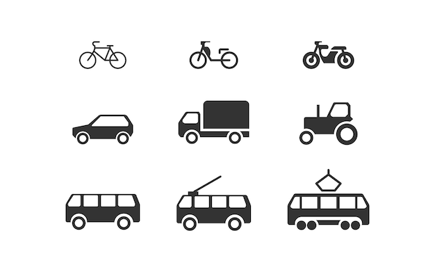 Verschillende transport set zwart pictogram Auto bus fiets en motorfiets Vector