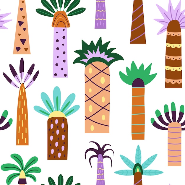 Verschillende trendy palm met blad Abstract decoratief palmen naadloos patroon Zomer oceaan exotische planten doodle stijl platte fatsoenlijke vector stof print van lente palm natuurlijke tropische flora illustratie