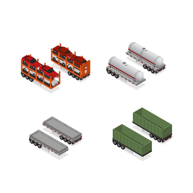 Verschillende typen aanhangwagens 3d Icons Set isometrische weergave vrachtvervoer geïsoleerd op een witte achtergrond Vectorillustratie van aanhangwagen voor levering en transport