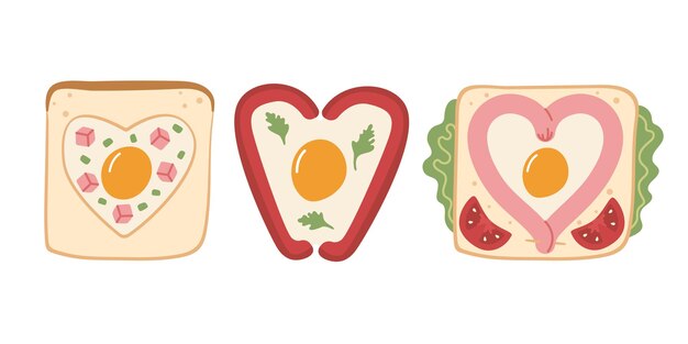 Verschillende variaties gebakken ei in hartvorm Heerlijke toast met ei Ontbijtgerecht gekookt met lo